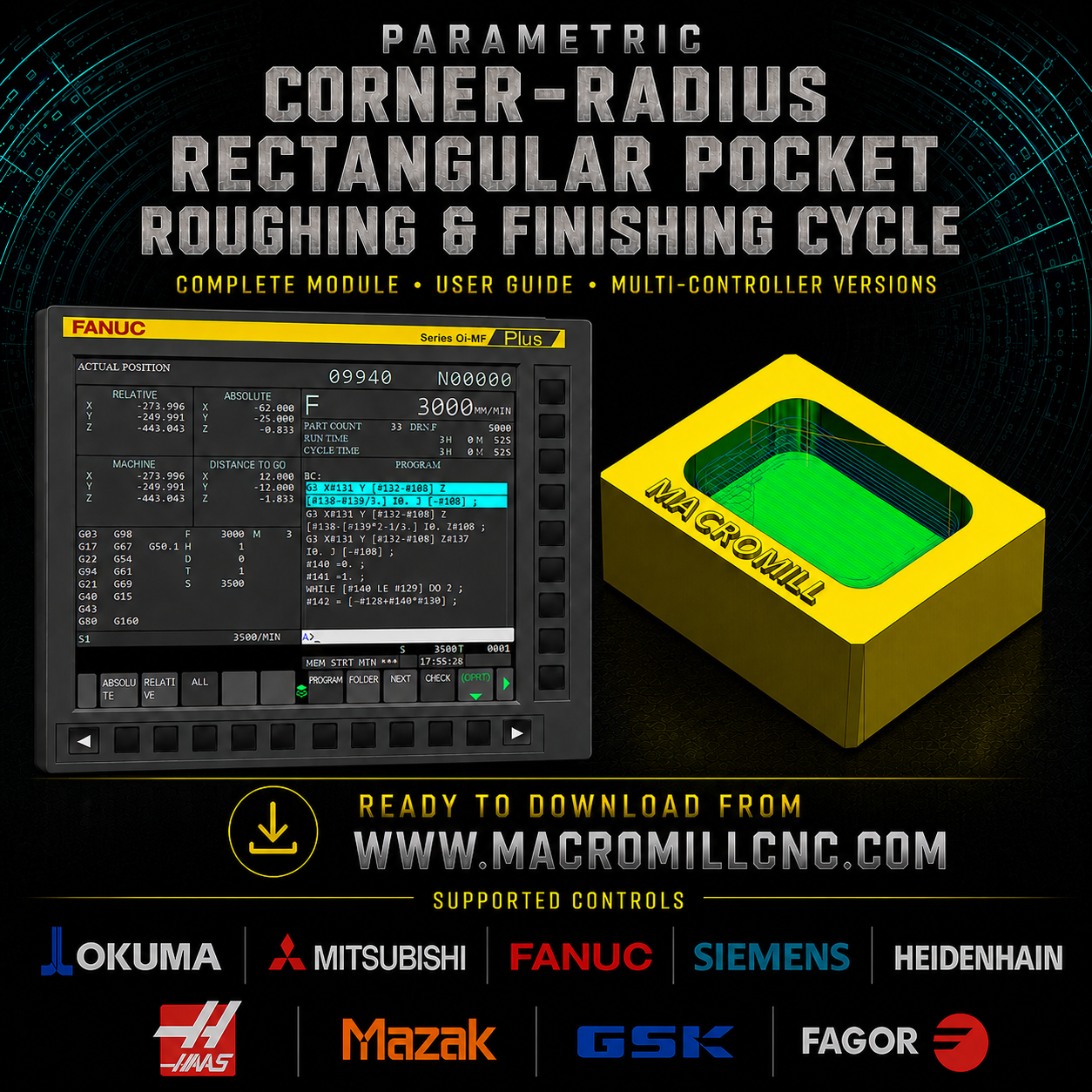 Parametric Corner-Radius Rectangular Pocket Roughing & Finishing Cycle